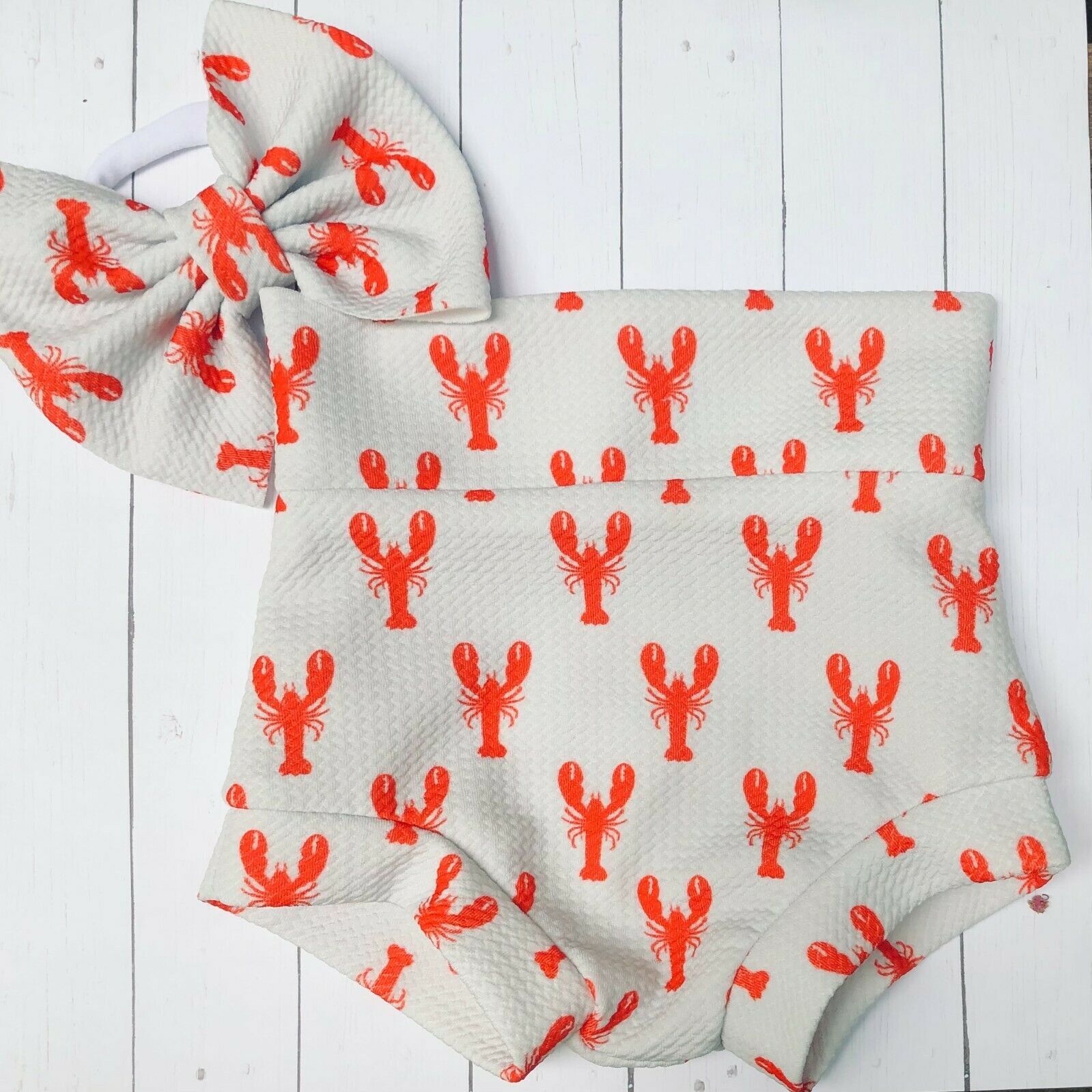 Crawfish High Waisted Baby Bummie and Bow Set//Shorts/Shorties/Diaper Cover