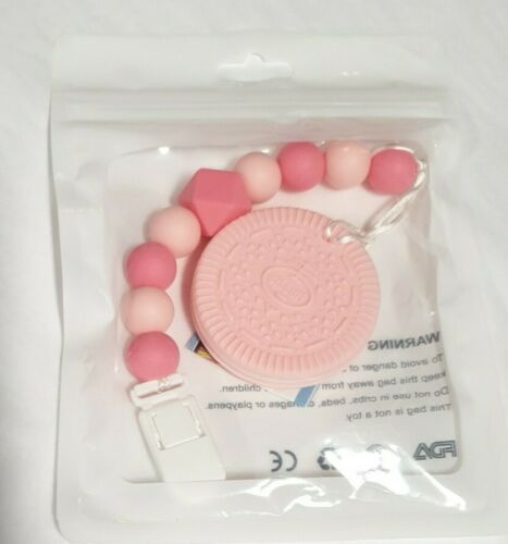 Silicone Teether Toy - Pink Cookie- Sensory Toy - Baby Teething Chew Toy New